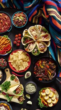Mexican food. Chile en nogada, maize, tamales, pozole, mezcal, pan de muerto, and coctel de camaron