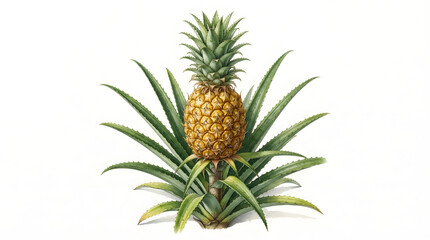 Fototapeta premium Botanical illustration of a ripe pineapple growing on a plant with spiky green leaves, isolated on a white background
