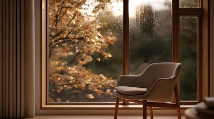 Fototapeta premium Cozy room with an armchair by a rainy window overlooking autumn trees
