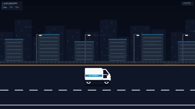 Smart autonomous white delivery van driving on city road at night for fast doorstep shipping service