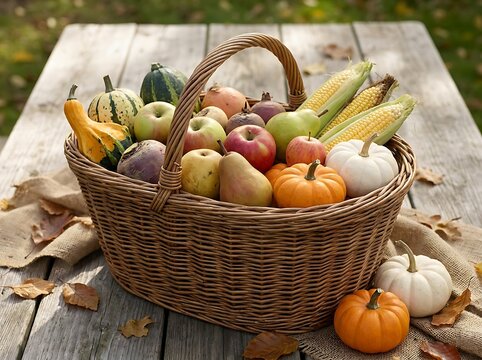 Harvest basket filled with fresh produce and pumpkins on wooden table top.