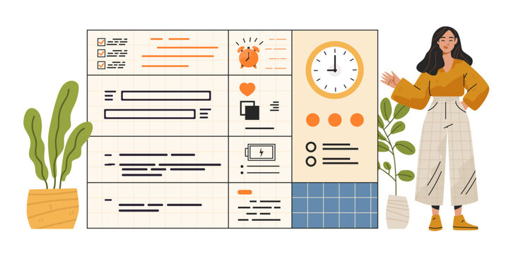Daily wellness tracker healthy habits self care routine woman standing by organized chart clock checklist icons home plants modern flat design