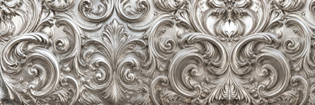 Ornate silver baroque relief pattern with intricate floral carvings and scrollwork