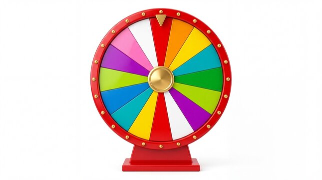 Vibrant spinning game wheel featuring multicolored segments and gold hardware isolated on white background