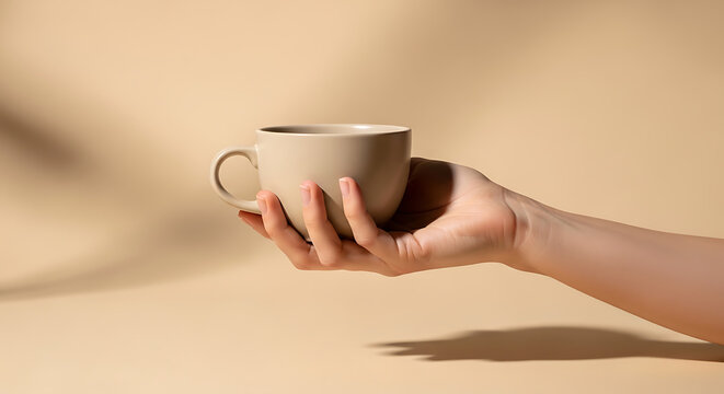 Hand holding a beige coffee cup on a minimal background