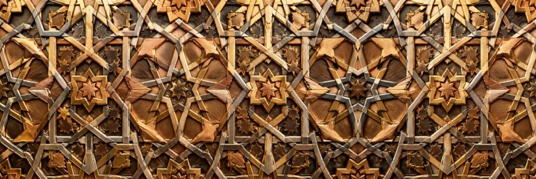 Intricate geometric wood carving pattern featuring traditional Islamic star motifs on a textured brown surface