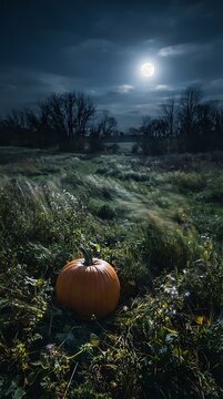 Pumpkin sitting in dark grassy field under full moon in autumn evening.