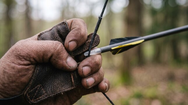 Close-up of an archer hand with a leather finger tab pulling back a bowstring with a nocked arrow in a forest.