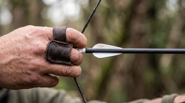 Close-up of an archer hand with a leather finger tab pulling back a bowstring with a nocked arrow in a forest.