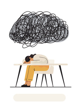 Burnout woman mental health stress concept exhausted female head down at desk dark scribble cloud overhead modern flat style