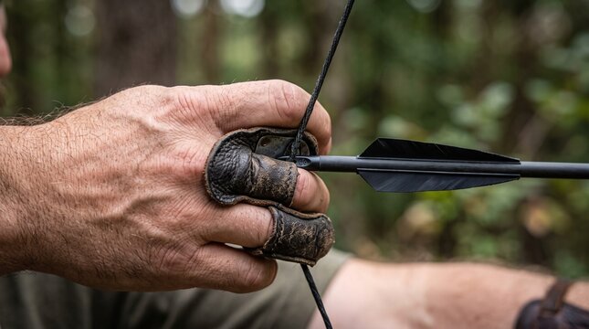 Close-up of an archer hand with a leather finger tab pulling back a bowstring with a nocked arrow in a forest.