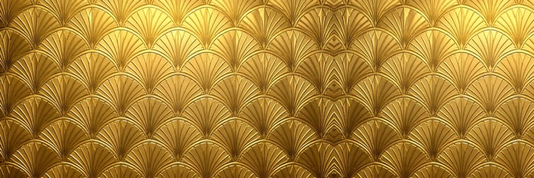 Golden art deco fan pattern wallpaper with repeating geometric scales and metallic texture