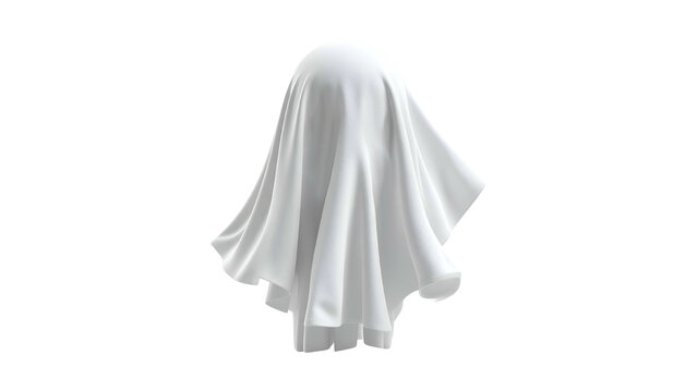 White fabric sheet draped to resemble a friendly ghost isolated on white background with halloween floating apparition