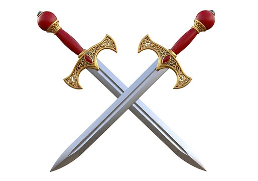 Two crossed medieval swords with ornate golden hilts and red handles