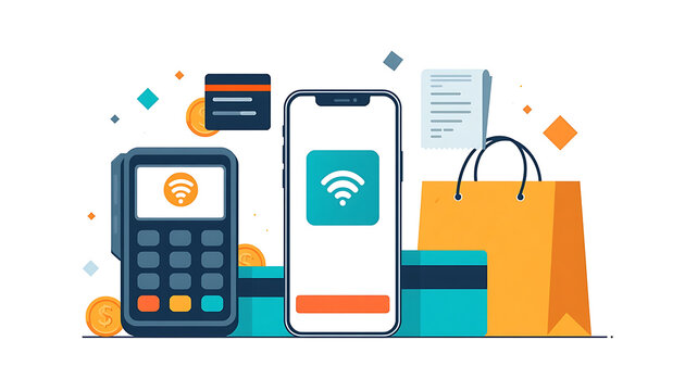 Wireless mobile payment vector illustration with contactless reader and smartphone isolated on transparent background.