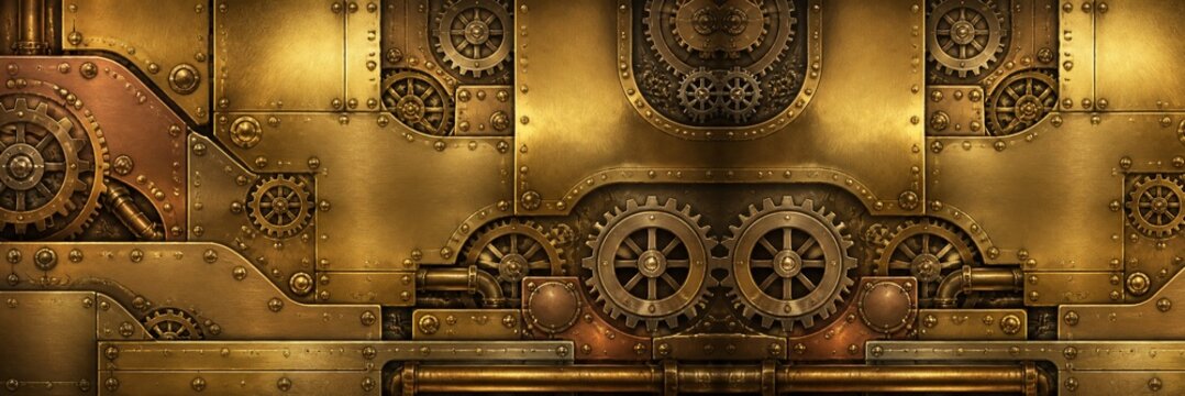 Steampunk mechanical background featuring intricate brass gears and metallic paneling