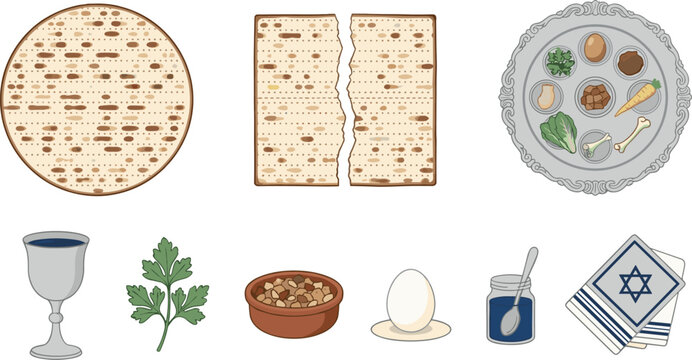 Hand drawn vector illustration set of Jewish Passover seder elements including matzah round flatbread seder plate wine goblet egg and kosher foods