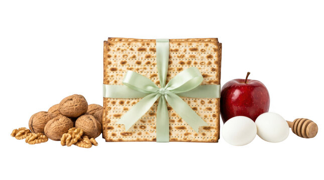 Passover seder plate items including matzah, walnuts, apple, eggs, and honey dipper isolated on transparent background