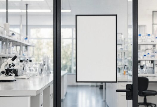 Blank white poster frame in a modern science laboratory with glassware and equipment, offering clean copy space for presentations, advertising, branding, or information.
