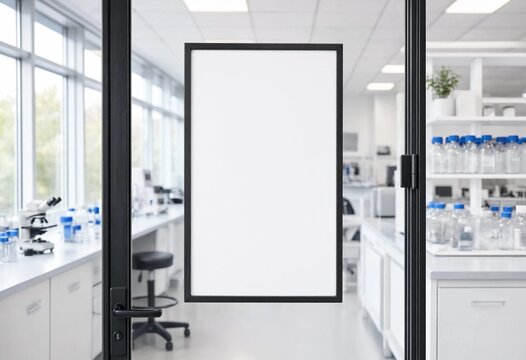 Blank white poster frame in a modern science laboratory with glassware and equipment, offering clean copy space for presentations, advertising, branding, or information.