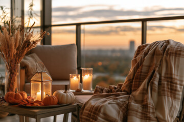 Obraz premium Cozy autumn balcony with candles, pumpkins, warm blankets and dried grasses overlooking the city at sunset