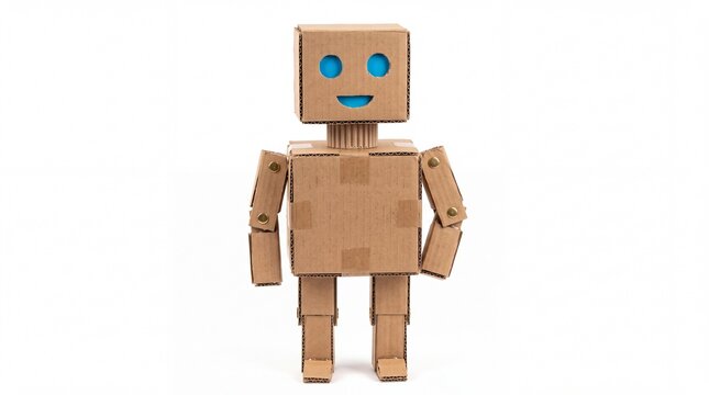 Handcrafted friendly robot constructed from recycled cardboard pieces with bright blue eyes on white background