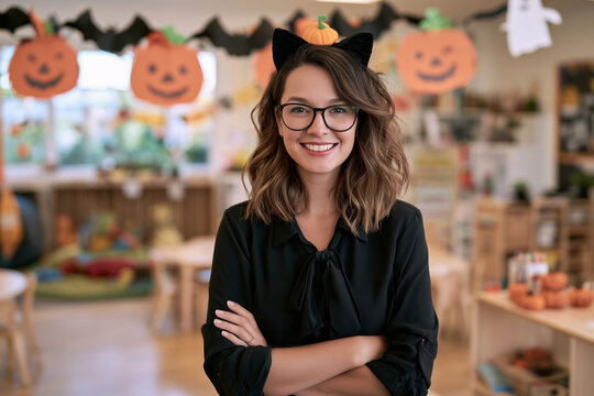 Smiling female elementary school teacher standing in a classroom decorated for Halloween with pumpkins, bats and festive autumn ornaments