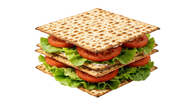 Layered matzah sandwich with fresh green lettuce and sliced red tomatoes, isolated on transparent background