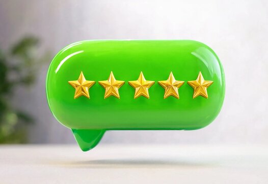 Glossy green speech bubble with five glowing golden stars representing positive customer feedback, five star rating, satisfaction, quality, excellence, reputation, and service.