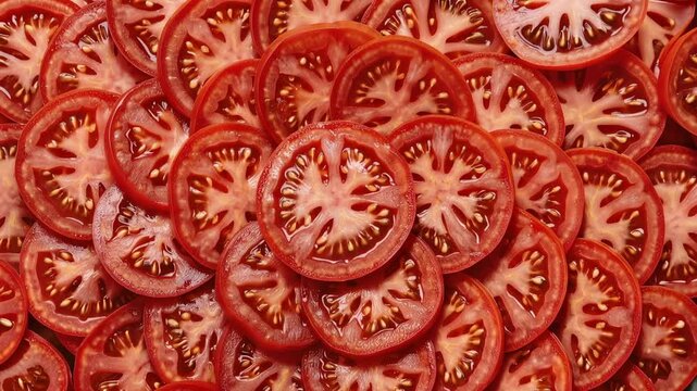 Fresh tomato slices texture rotating on top view. Red ripe juicy vegetable slices background. Healthy food, cooking and vegetarian cuisine concept