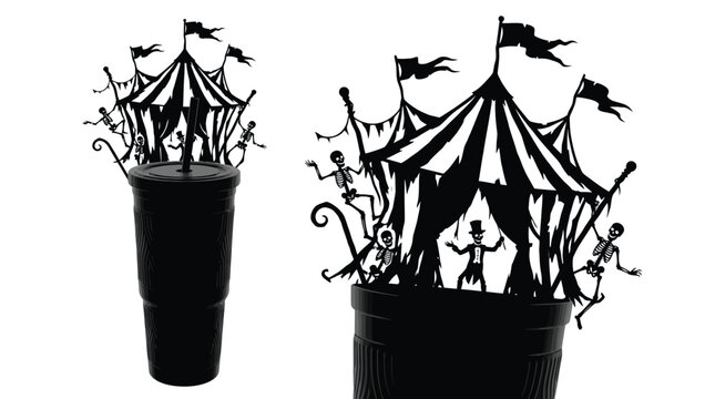 Spooky circus tent vector graphic featuring dancing skeleton characters for unique halloween party cup topper designs