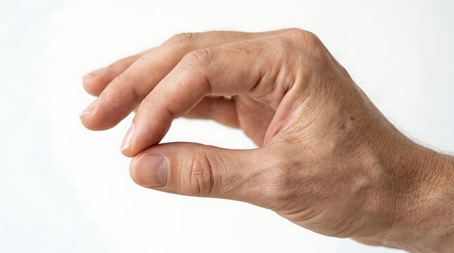 A closeup shot of a human hand holding a small object, isolated on a pure white background