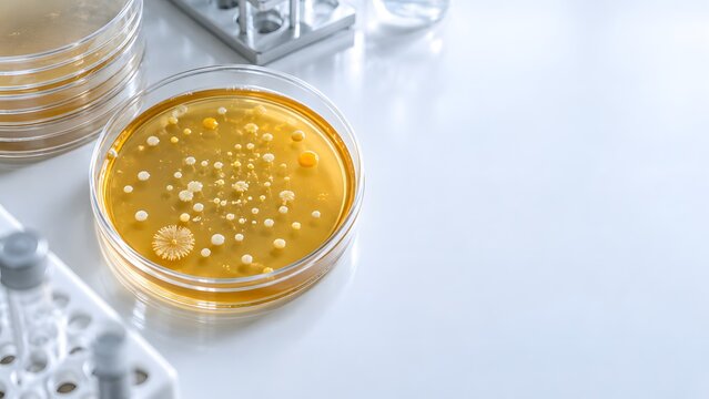 Petri dish with bacterial colonies on a laboratory table