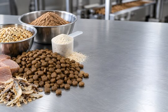 Ingredients arranged on a metal table in a kitchen for preparing pet food