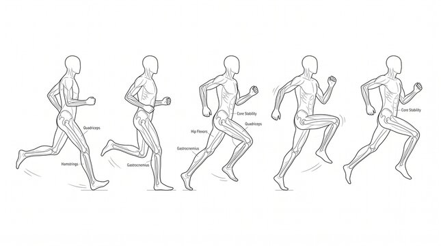 Anatomical line drawing showing the sequence of human running motion phases.