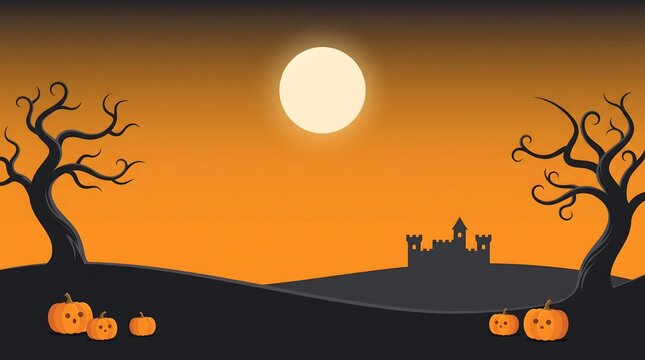 A spooky halloween landscape featuring a full moon over a dark castle with bare trees and pumpkins on the ground