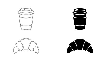 Obraz premium Icon set of disposable coffee cups and croissants in line art and solid black styles with coffee cup coffee icons takeaway cup food icon hot drink