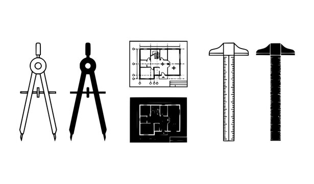 Set of architectural drafting tools including drawing compasses floor plans a t-square ruler in black and white styles architecture icons