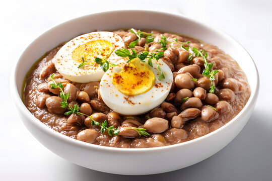 Delicious Ful Medames Served in a Bowl with Eggs and Fresh Herbs