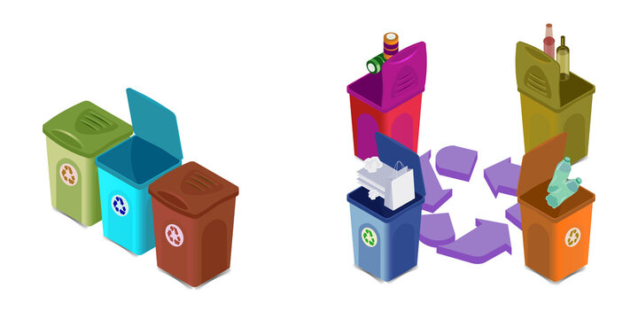Colorful recycling bins and proper waste disposal on transparent background