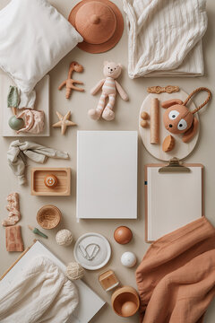Vertical nursery bookshelf with plush toys wooden accents and blank cover books in minimalist neutral natural palette generative AI