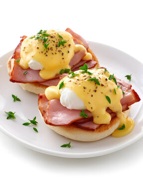 Delicious Egg Benedict on English Muffin with Fresh Herbs and Creamy Sauce