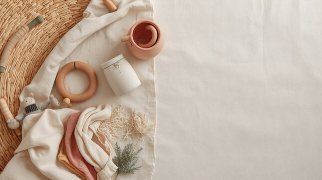 Overhead playmat corner with wooden arch toy plush ring and muslin blanket in minimalist neutral natural palette generative AI