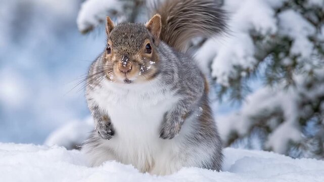 Cute gray squirrel standing in deep snow with snowy fir tree branches. Wild rodent animal in winter forest looking at camera.