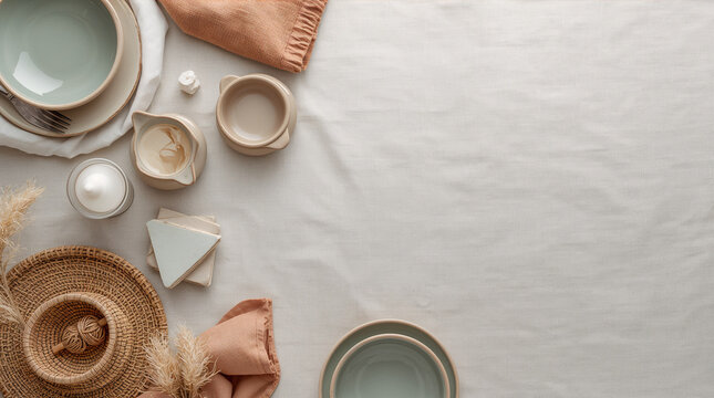 Baby shower table flat lay in sage terracotta palette with ceramic plates linen napkins and dried florals in minimalist arrangement generative AI