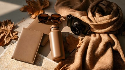 Plakat Cozy fall travel accessories flat lay with scarf, camera, flask, passport wallet, and autumn leaves