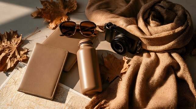 Cozy fall travel accessories flat lay with scarf, camera, flask, passport wallet, and autumn leaves