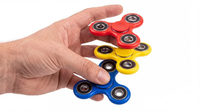 Hand holding three colorful plastic fidget spinners stacked vertically in a row on white background