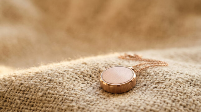 Smart pendant with rose gold finish lying on cozy knitted fabric. Wearable gadget with chain on soft textile in warm sunlight.