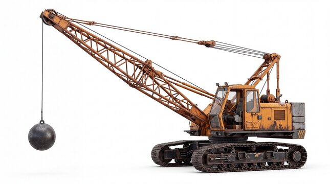 Rusty industrial demolition crane with large heavy steel wrecking ball isolated on white background